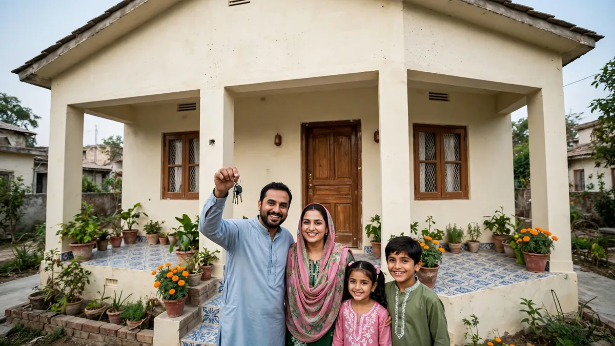 A Pakistani family receiving the golden key to their new home under the Apna Ghar Programme