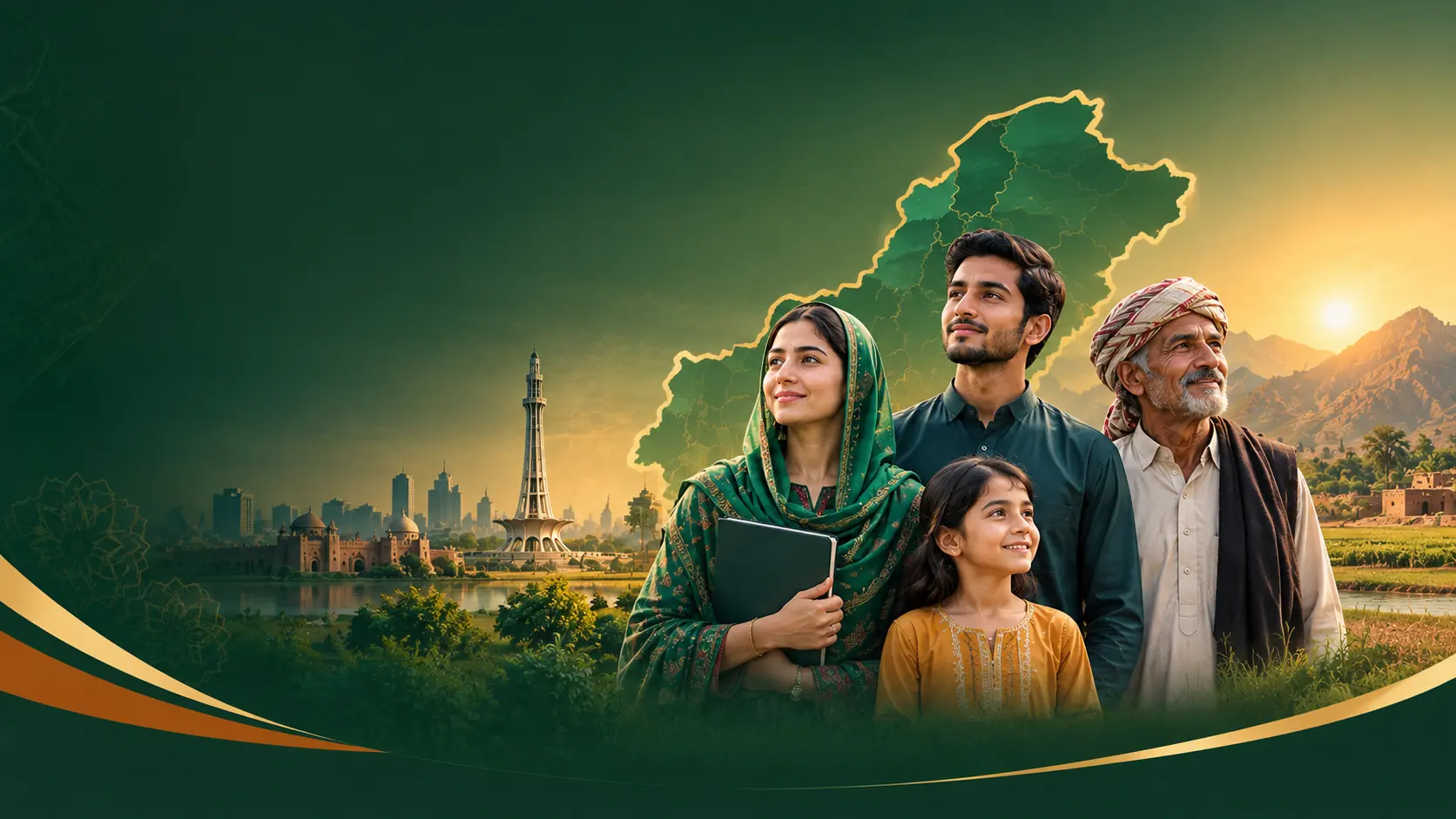 A Pakistani family of three generations looking ahead, with a map of Pakistan and Lahore's skyline behind them