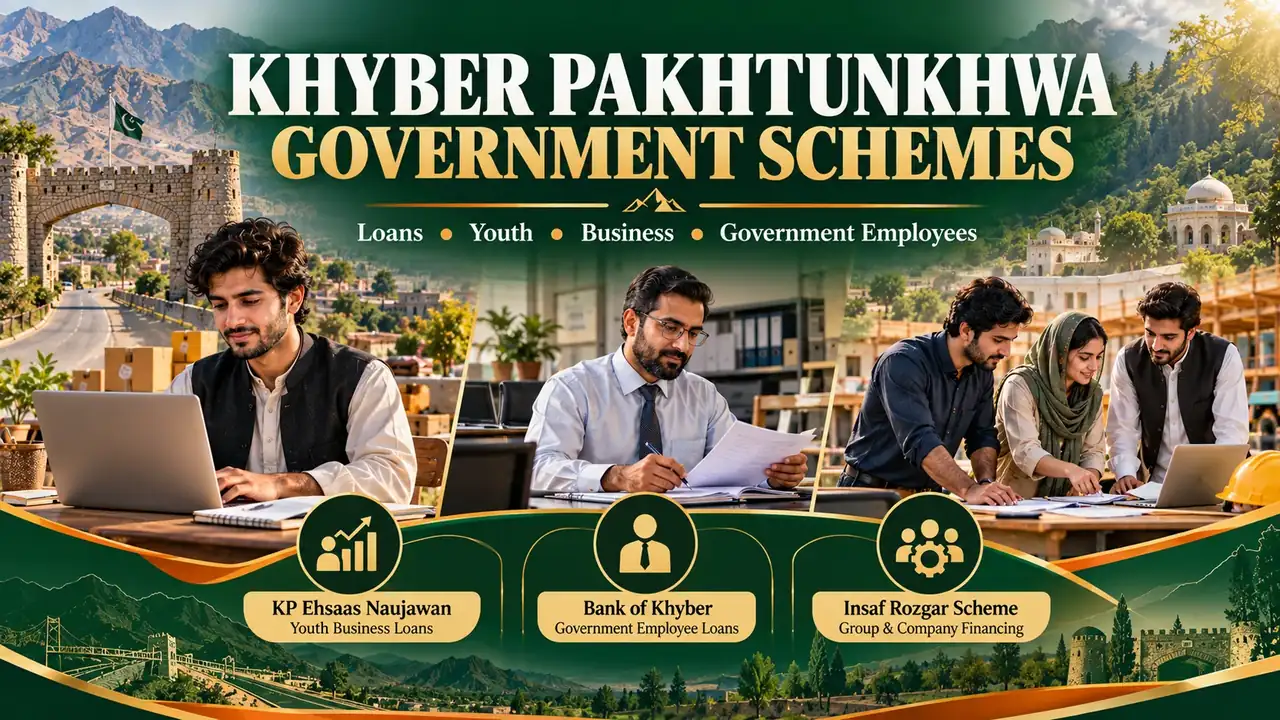 Khyber Pakhtunkhwa government schemes for loans, youth, business and government employees, featuring KP Ehsaas Naujawan, Bank of Khyber loans and the Insaf Rozgar Scheme