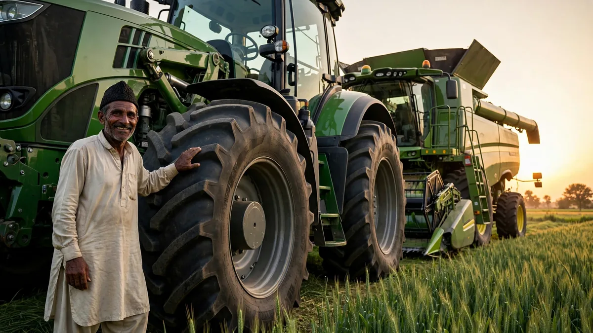 Farmer standing beside a modern tractor, combine harvester, laser land leveller and crop sprayer in a green and gold field