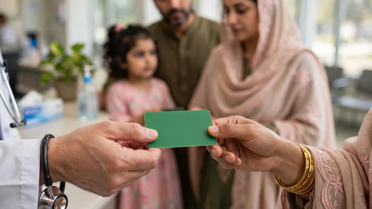 KP family receiving a health card from a doctor at a hospital desk under the Sehat Card Plus programme