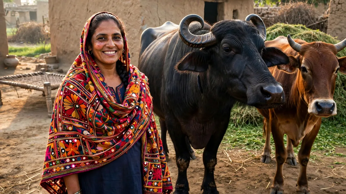 Rural woman standing proudly beside a cow and a buffalo in a Punjab village courtyard