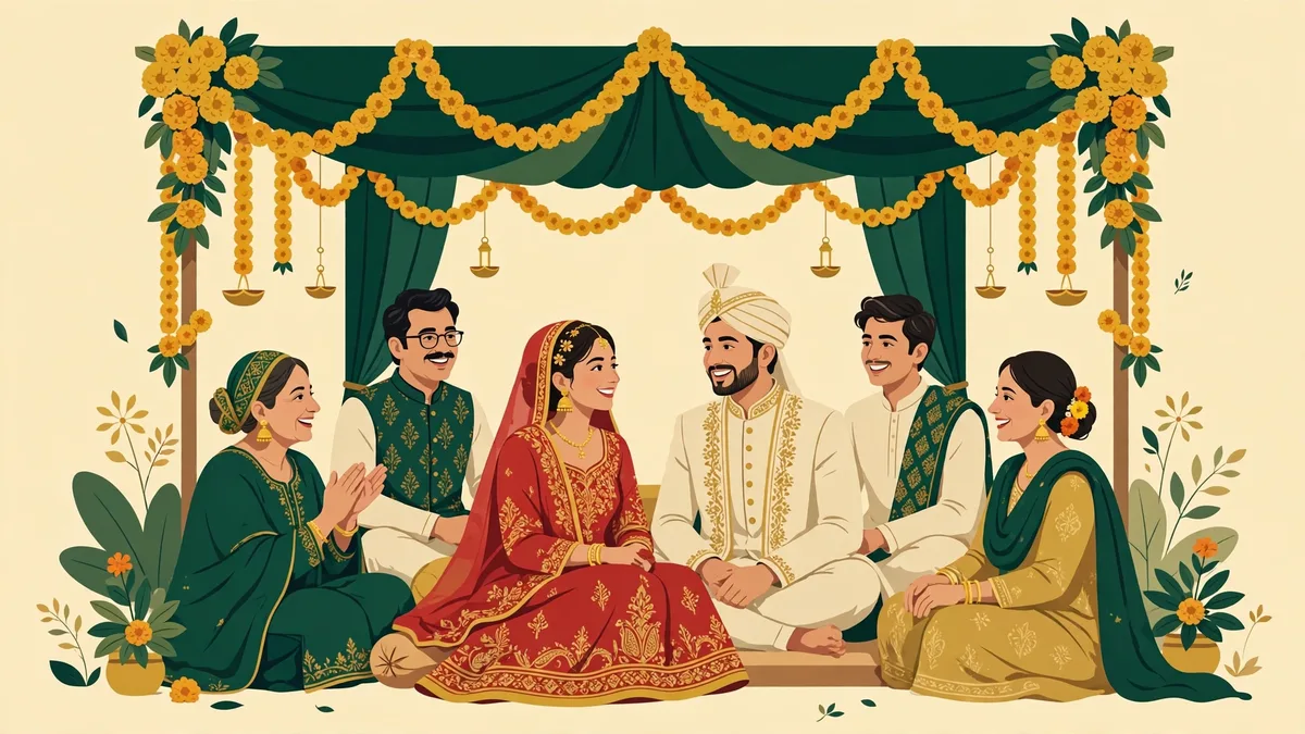 A collective wedding ceremony under a decorated canopy with the bride, groom and families