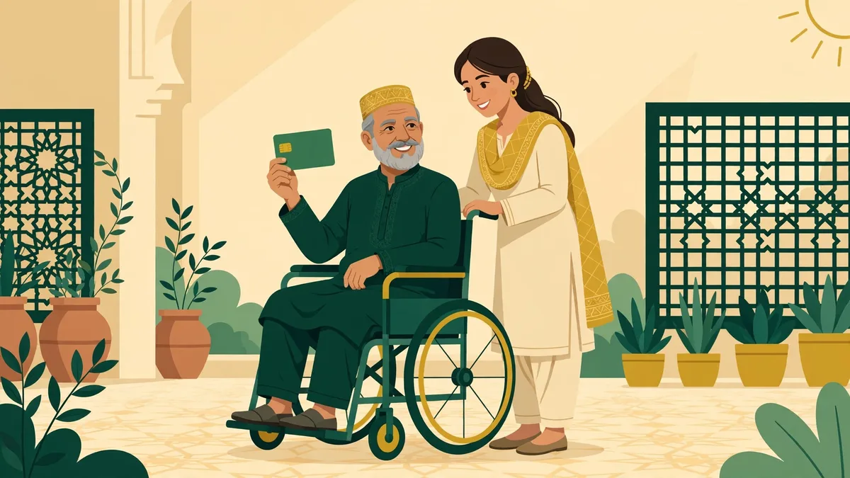 A person in a wheelchair holding his Punjab Himmat Card with a family member