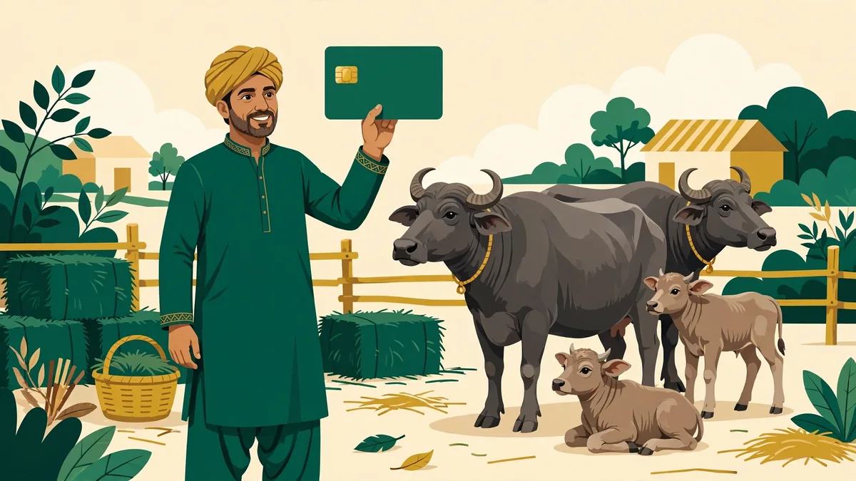 Punjab livestock farmer holding his Livestock Card beside buffaloes and calves