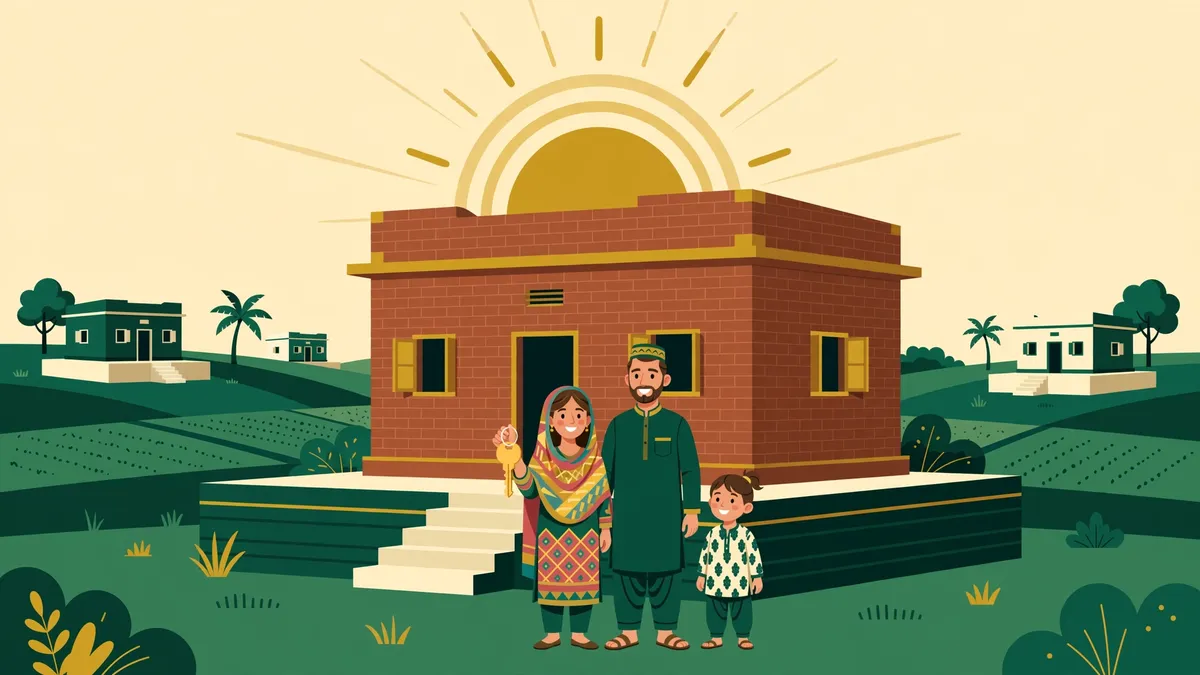 A Sindh family in front of their newly built brick house on a raised plinth, the mother holding the house key under a rising sun