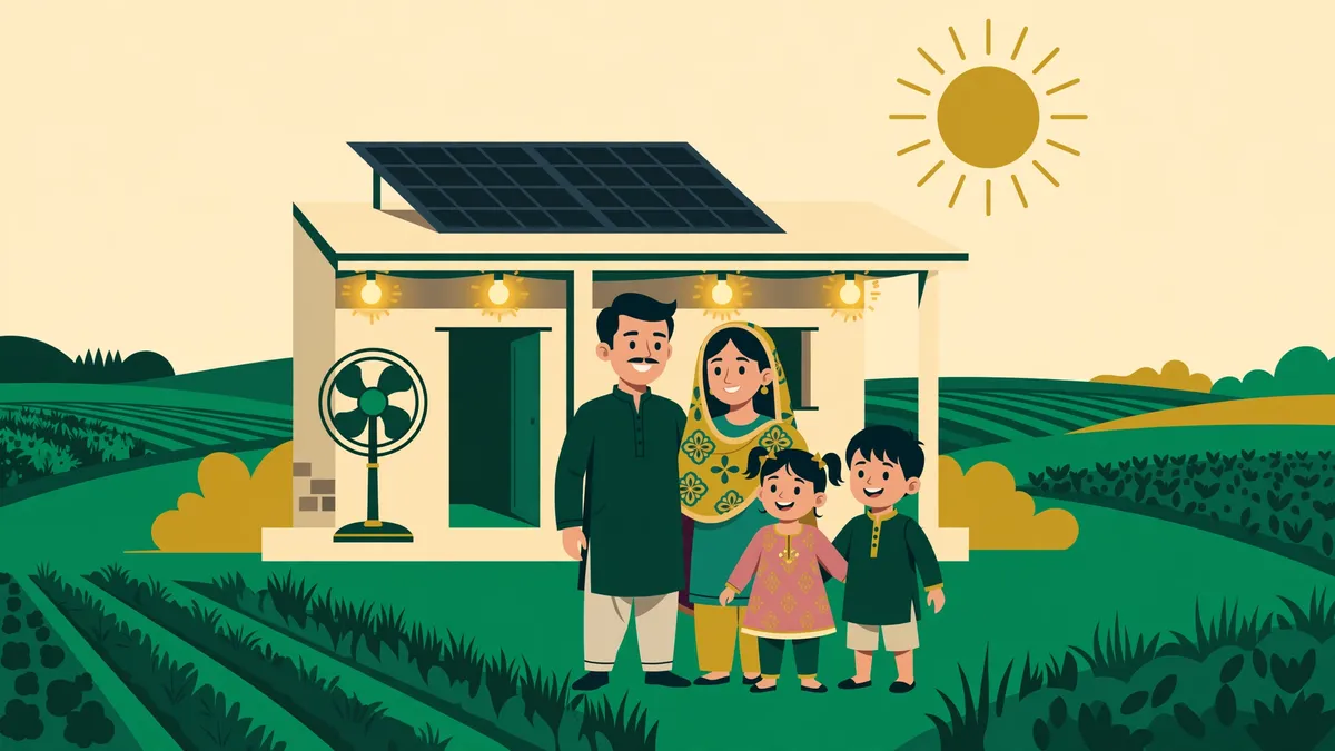 A Sindh village family standing in front of their house with a solar panel on the roof, a pedestal fan and glowing lights
